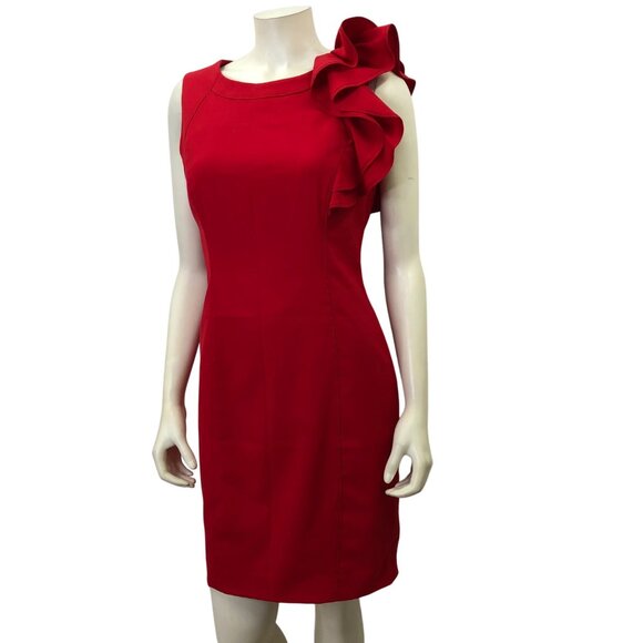 Calvin Klein Red Sleeveless Dress‎ With Ruffle Shoulder Detail Size 8P - Picture 2 of 6